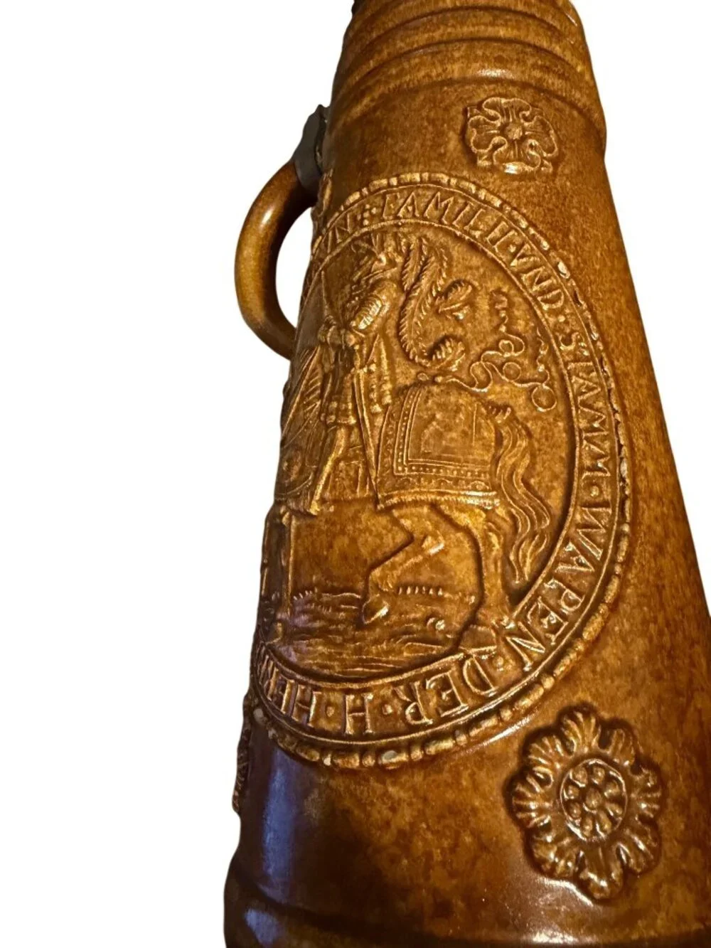 Vintage Brown Stoneware Beer Stein Heraldic Family Crest Equestrian Pewter Lid 1